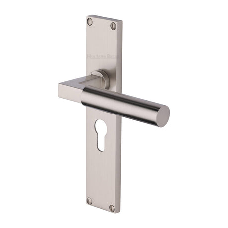 This is an image of a Heritage Brass - Bauhaus Euro Profile Door Handle on 200mm Plate Satin Nickel finish, vt6348-sn that is available to order from T.H Wiggans Ironmongery in Kendal.