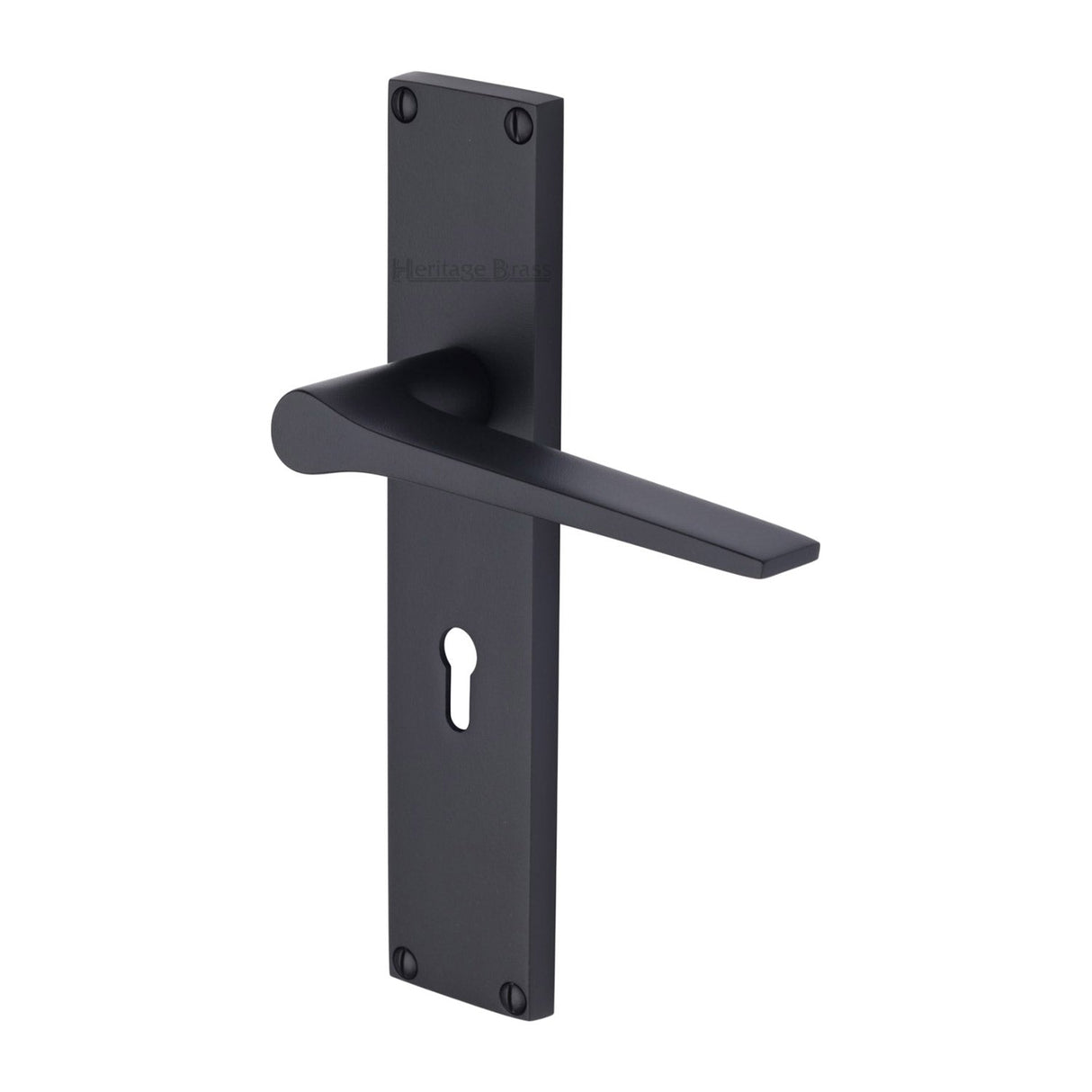 This is an image of a Heritage Brass - Gio Lever Lock Door Handle on 200mm Plate Matt Black finish, vt8100-bkmt that is available to order from T.H Wiggans Ironmongery in Kendal.