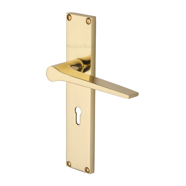 This is an image of a Heritage Brass - Gio Lever Lock Door Handle on 200mm Plate Polished Brass finish, vt8100-pb that is available to order from T.H Wiggans Ironmongery in Kendal.