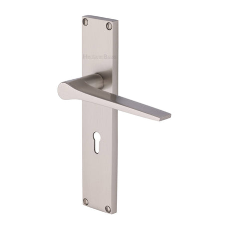 This is an image of a Heritage Brass - Gio Lever Lock Door Handle on 200mm Plate Satin Nickel finish, vt8100-sn that is available to order from T.H Wiggans Ironmongery in Kendal.