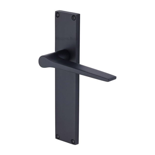 This is an image of a Heritage Brass - Gio Lever Latch Door Handle on 200mm Plate Matt Black finish, vt8110-bkmt that is available to order from T.H Wiggans Ironmongery in Kendal.