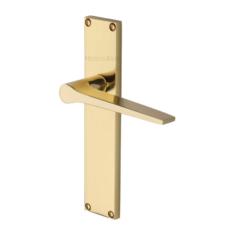 This is an image of a Heritage Brass - Gio Lever Latch Door Handle on 200mm Plate Polished Brass finish, vt8110-pb that is available to order from T.H Wiggans Ironmongery in Kendal.