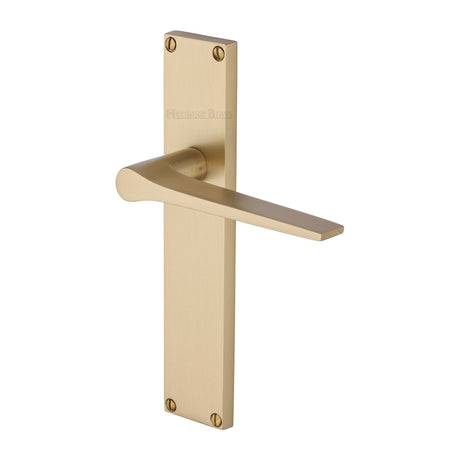 This is an image of a Heritage Brass - Gio Lever Latch Door Handle on 200mm Plate Satin Brass finish, vt8110-sb that is available to order from T.H Wiggans Ironmongery in Kendal.