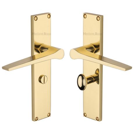 This is an image of a Heritage Brass - Gio Bathroom Set Door Handle on 200mm Plate Polished Brass finish, vt8130-pb that is available to order from T.H Wiggans Ironmongery in Kendal.