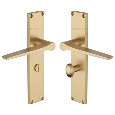 This is an image of a Heritage Brass - Gio Bathroom Set Door Handle on 200mm Plate Satin Brass finish, vt8130-sb that is available to order from T.H Wiggans Ironmongery in Kendal.