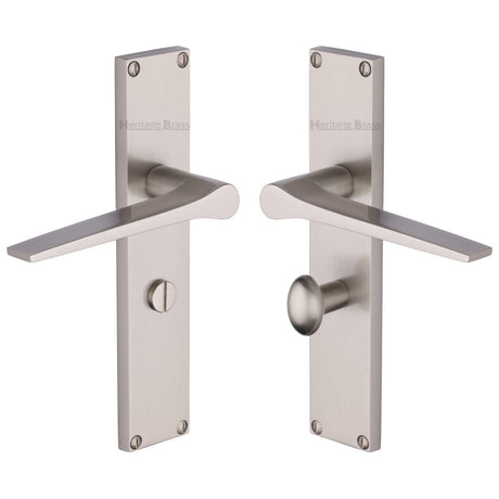 This is an image of a Heritage Brass - Gio Bathroom Set Door Handle on 200mm Plate Satin Nickel finish, vt8130-sn that is available to order from T.H Wiggans Ironmongery in Kendal.