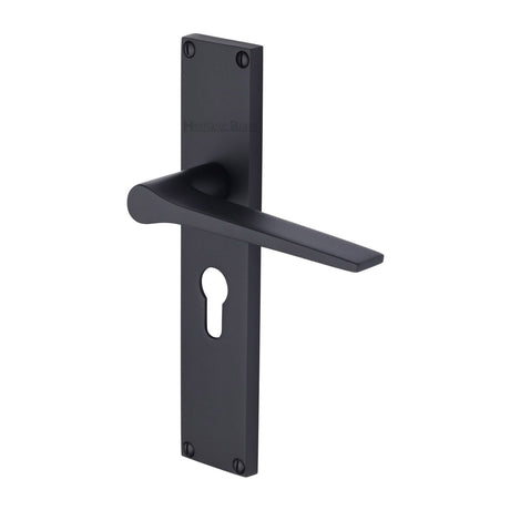 This is an image of a Heritage Brass - Gio Euro Profile Door Handle on 200mm Plate Matt Black finish, vt8148-bkmt that is available to order from T.H Wiggans Ironmongery in Kendal.