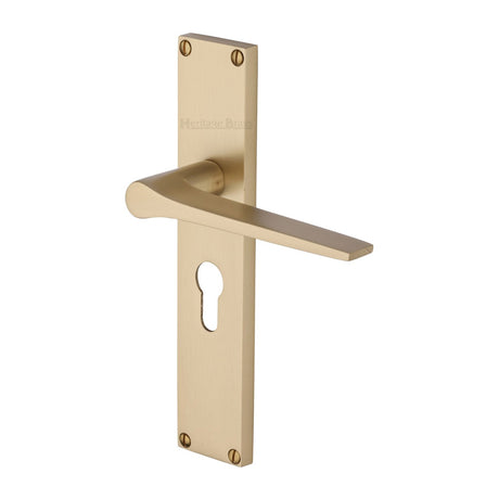 This is an image of a Heritage Brass - Gio Euro Profile Door Handle on 200mm Plate Satin Brass finish, vt8148-sb that is available to order from T.H Wiggans Ironmongery in Kendal.