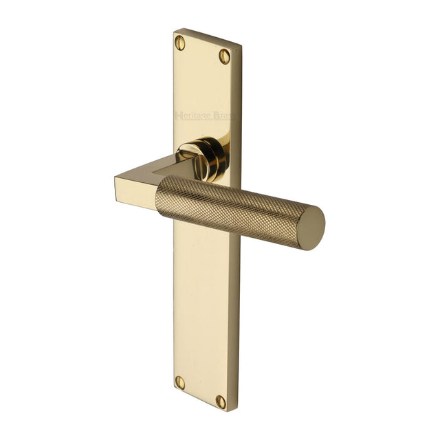 This is an image of a Heritage Brass - Bauhaus Knurled Lever Latch Door Handle on 200mm Plate Polished Brass finish, vt9310-pb that is available to order from T.H Wiggans Ironmongery in Kendal.