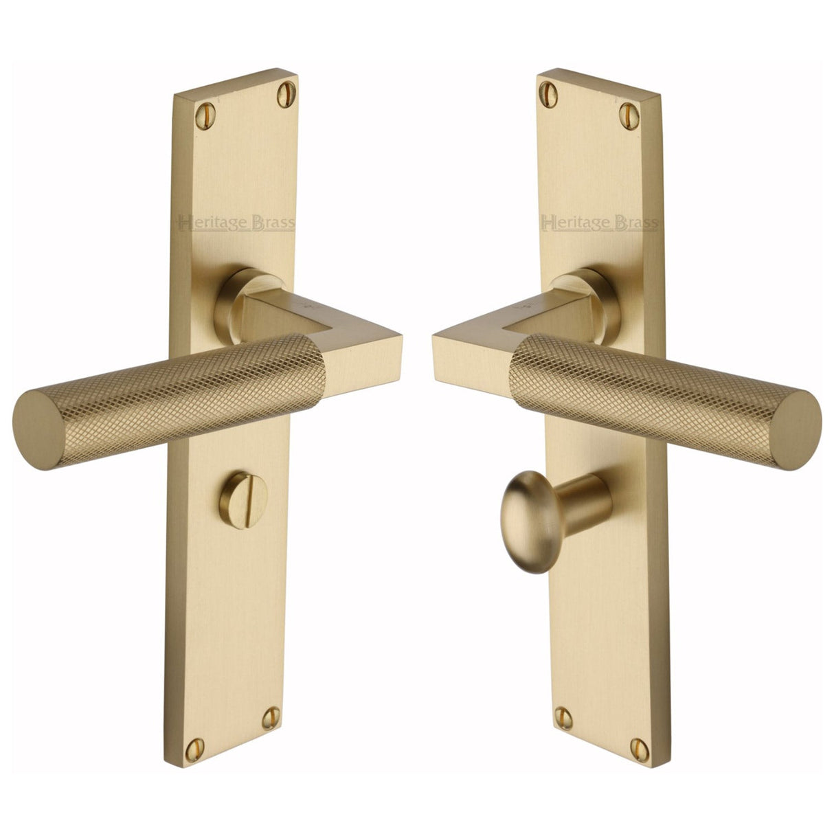 This is an image of a Heritage Brass - Bauhaus Knurled Bathroom Set Door Handle on 200mm Plate Satin Brass finish, vt9330-sb that is available to order from T.H Wiggans Ironmongery in Kendal.