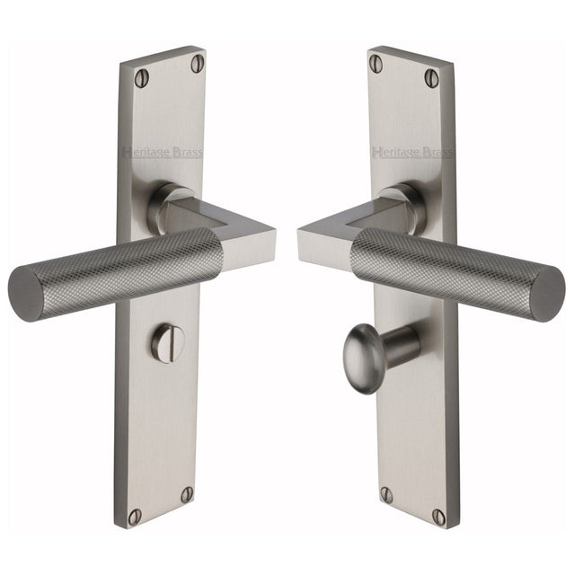 This is an image of a Heritage Brass - Bauhaus Knurled Bathroom Set Door Handle on 200mm Plate Satin Nickel finish, vt9330-sn that is available to order from T.H Wiggans Ironmongery in Kendal.