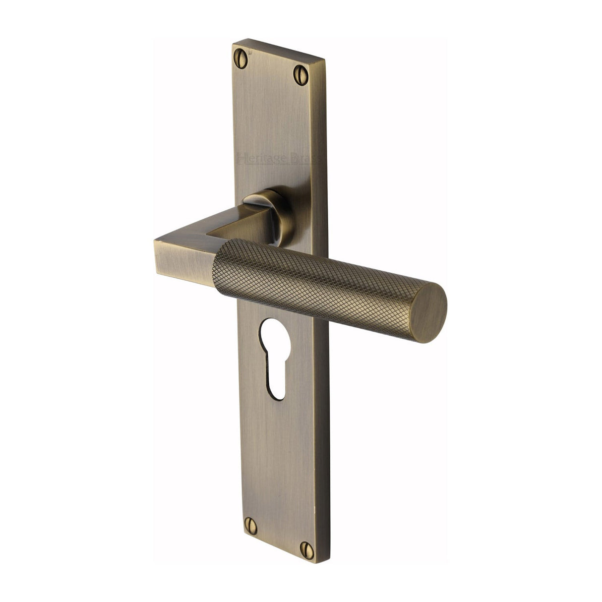 This is an image of a Heritage Brass - Bauhaus Knurled Euro Profile Door Handle on 200mm Plate Antique Brass finish, vt9348-at that is available to order from T.H Wiggans Ironmongery in Kendal.