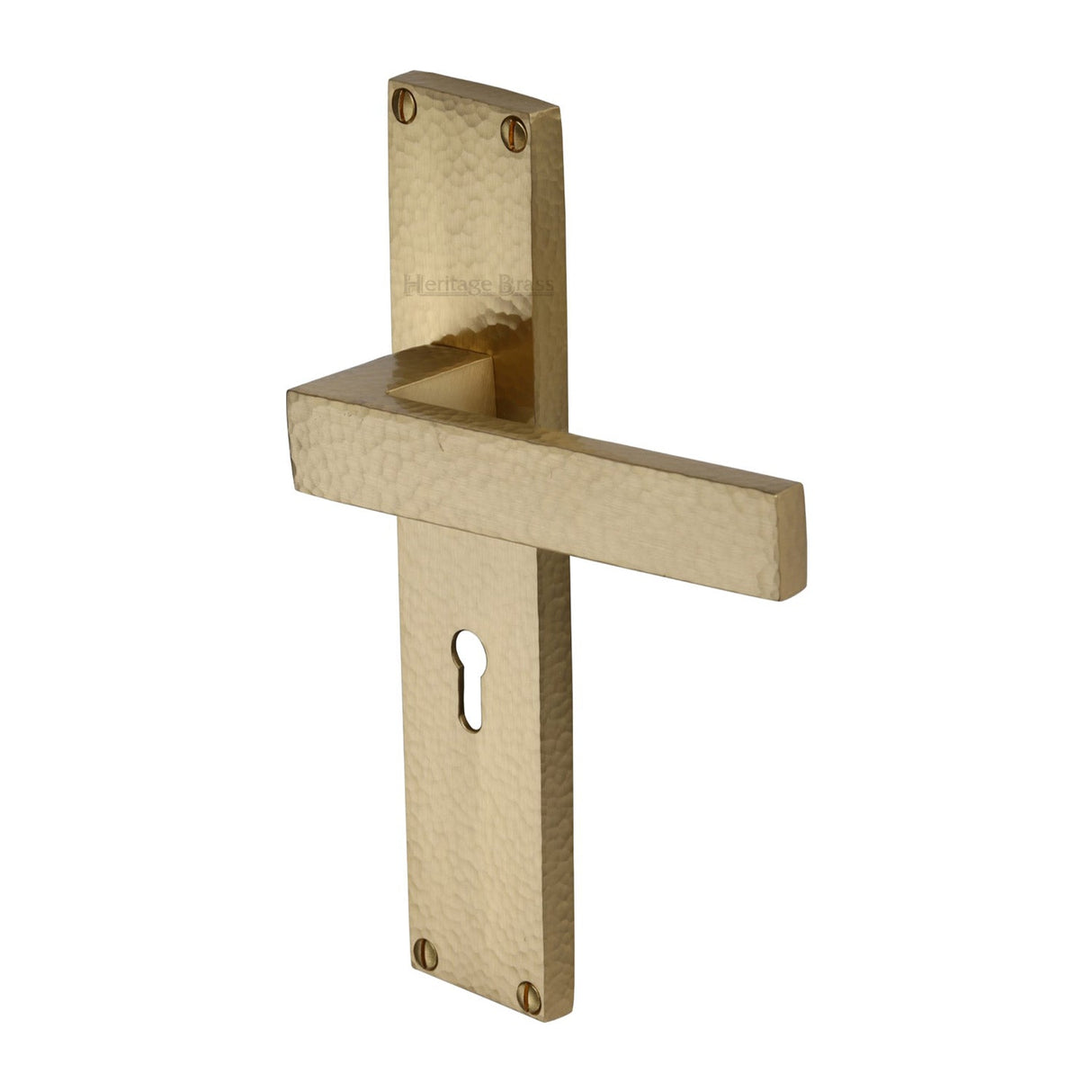 This is an image of a Heritage Brass - Delta Hammered Lever Lock Door Handle on 200mm Plate Satin Brass finish, vth3300-sb that is available to order from T.H Wiggans Ironmongery in Kendal.