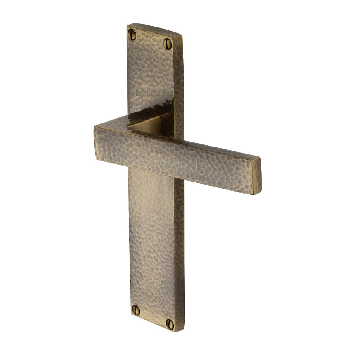 This is an image of a Heritage Brass - Delta Hammered Lever Latch Door Handle on 200mm Plate Antique Brass finish, vth3310-at that is available to order from T.H Wiggans Ironmongery in Kendal.