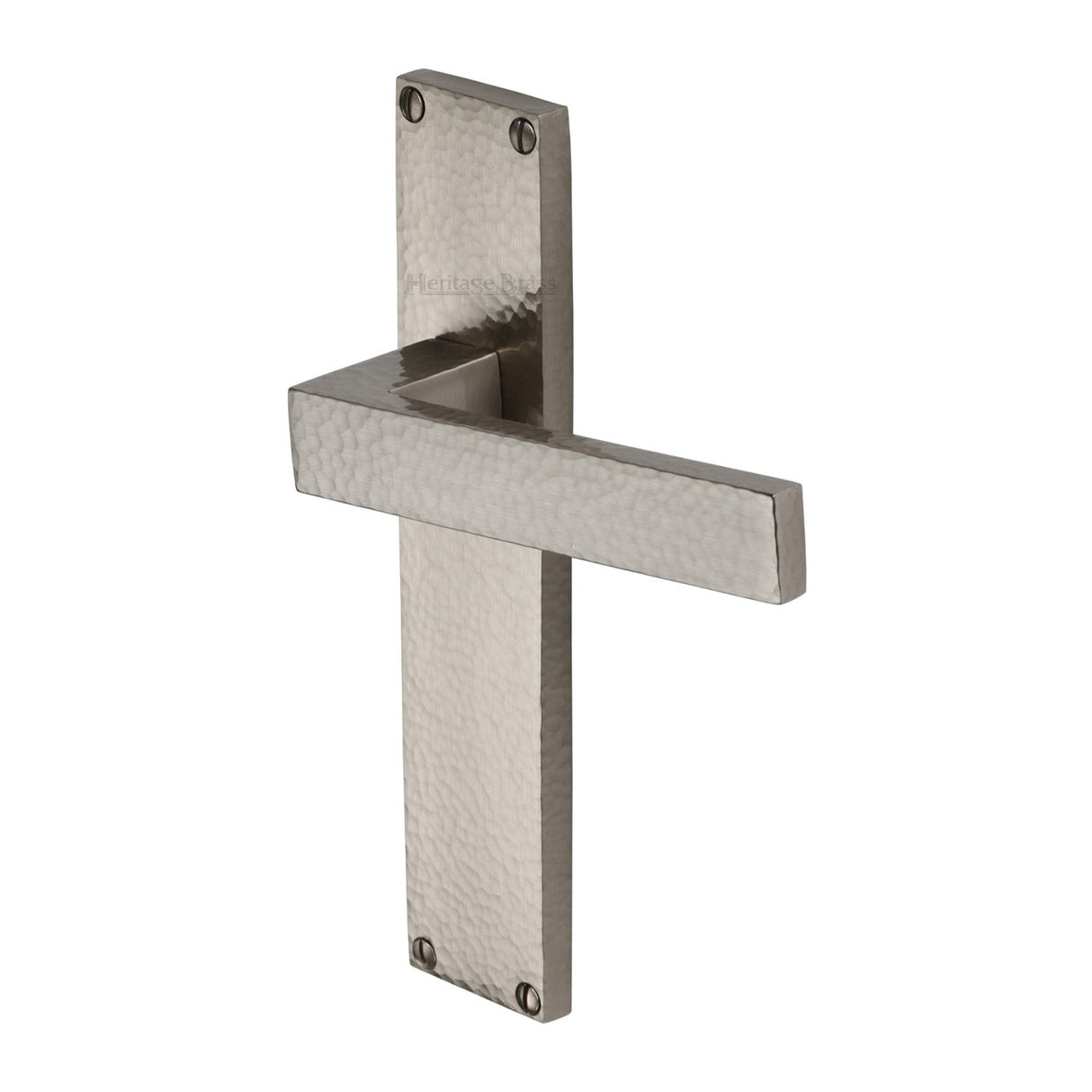This is an image of a Heritage Brass - Delta Hammered Lever Latch Door Handle on 200mm Plate Satin Nickel finish, vth3310-sn that is available to order from T.H Wiggans Ironmongery in Kendal.