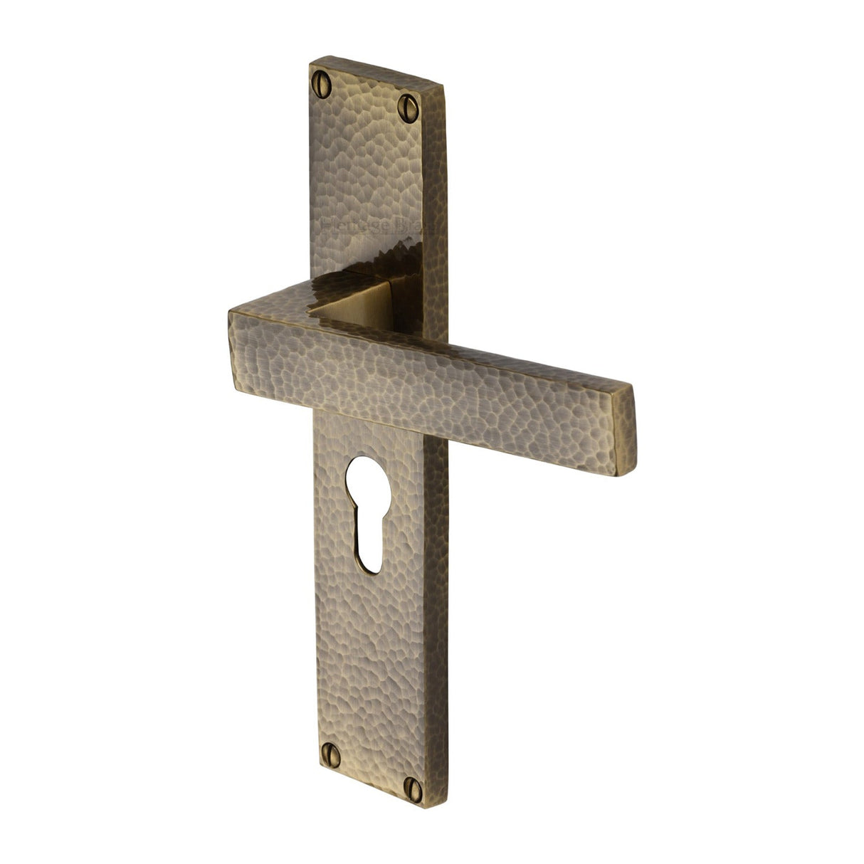 This is an image of a Heritage Brass - Delta Hammered Euro Profile Door Handle on 200mm Plate Antique Brass finish, vth3348-at that is available to order from T.H Wiggans Ironmongery in Kendal.