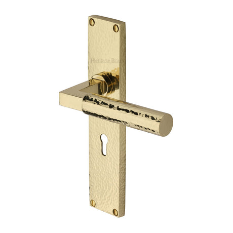 This is an image of a Heritage Brass - Bauhaus Hammered Lever Lock Door Handle on 200mm Plate Polished Brass finish, vth4300-pb that is available to order from T.H Wiggans Ironmongery in Kendal.