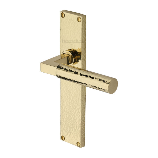 This is an image of a Heritage Brass - Bauhaus Hammered Lever Latch Door Handle on 200mm Plate Polished Brass finish, vth4310-pb that is available to order from T.H Wiggans Ironmongery in Kendal.