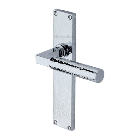 This is an image of a Heritage Brass - Bauhaus Hammered Lever Latch Door Handle on 200mm Plate Polished Chrome finish, vth4310-pc that is available to order from T.H Wiggans Ironmongery in Kendal.