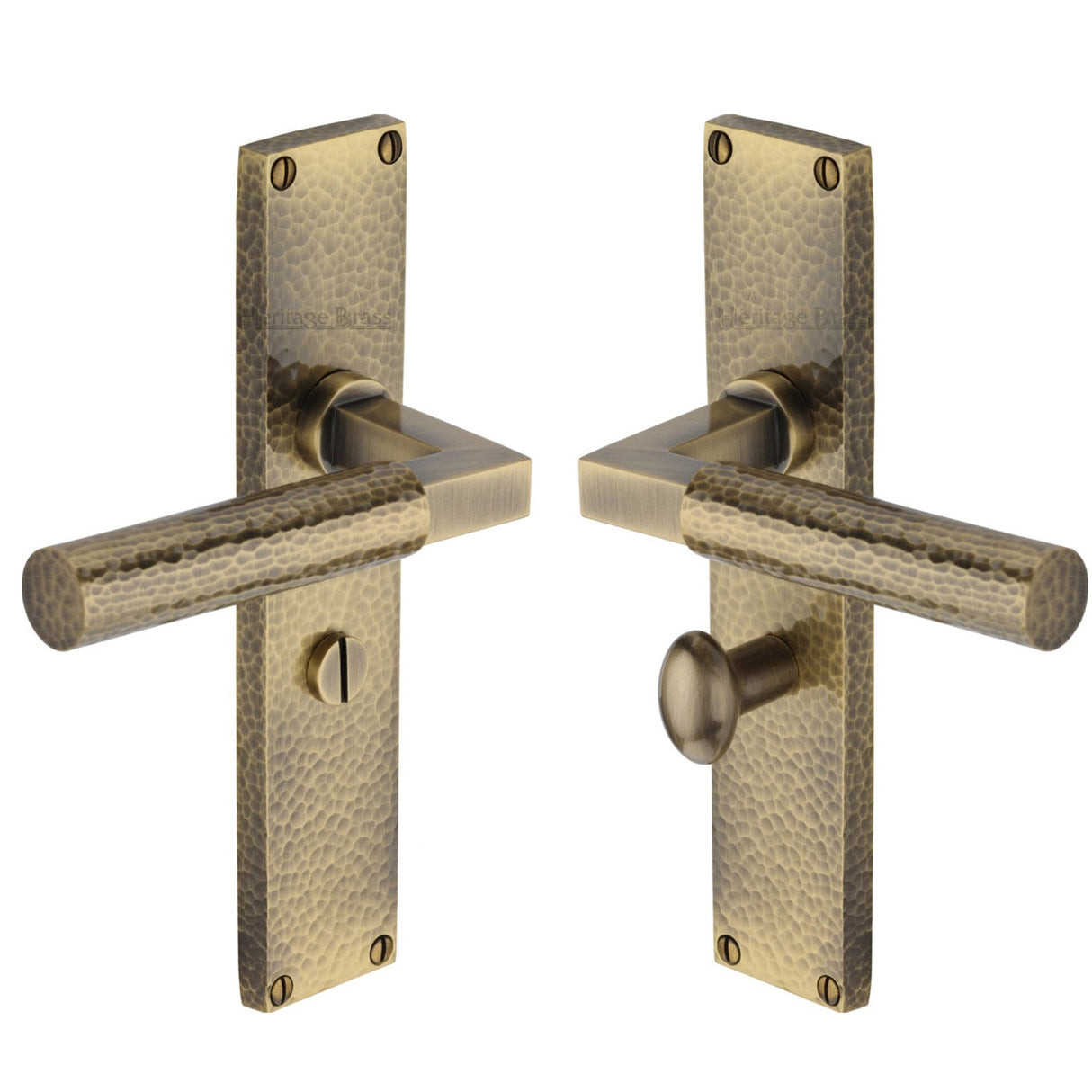 This is an image of a Heritage Brass - Bauhaus Hammered Bathroom Set Door Handle on 200mm Plate Antique Brass finish, vth4330-at that is available to order from T.H Wiggans Ironmongery in Kendal.