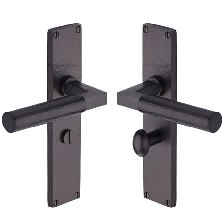 This is an image of a Heritage Brass - Bauhaus Hammered Bathroom Set Door Handle on 200mm Plate Matt Bronze finish, vth4330-mb that is available to order from T.H Wiggans Ironmongery in Kendal.