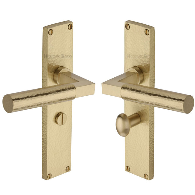 This is an image of a Heritage Brass - Bauhaus Hammered Bathroom Set Door Handle on 200mm Plate Satin Brass finish, vth4330-sb that is available to order from T.H Wiggans Ironmongery in Kendal.