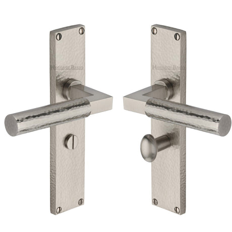 This is an image of a Heritage Brass - Bauhaus Hammered Bathroom Set Door Handle on 200mm Plate Satin Nickel finish, vth4330-sn that is available to order from T.H Wiggans Ironmongery in Kendal.