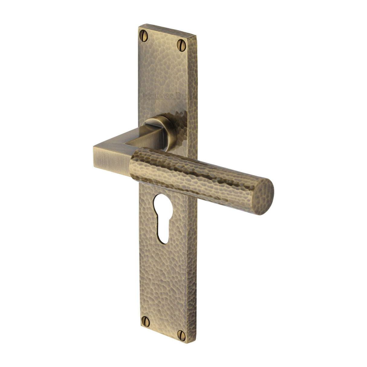 This is an image of a Heritage Brass - Bauhaus Hammered Euro Profile Door Handle on 200mm Plate Antique Brass finish, vth4348-at that is available to order from T.H Wiggans Ironmongery in Kendal.