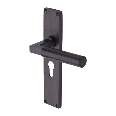 This is an image of a Heritage Brass - Bauhaus Hammered Euro Profile Door Handle on 200mm Plate Matt Bronze finish, vth4348-mb that is available to order from T.H Wiggans Ironmongery in Kendal.