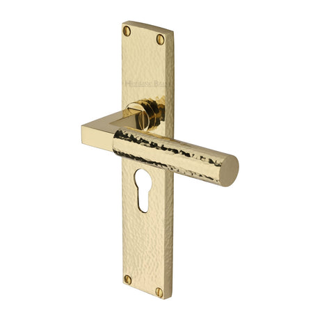 This is an image of a Heritage Brass - Bauhaus Hammered Euro Profile Door Handle on 200mm Plate Polished Brass finish, vth4348-pb that is available to order from T.H Wiggans Ironmongery in Kendal.