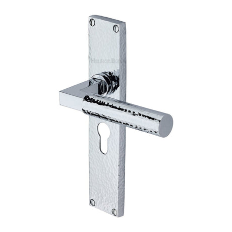 This is an image of a Heritage Brass - Bauhaus Hammered Euro Profile Door Handle on 200mm Plate Polished Chrome finish, vth4348-pc that is available to order from T.H Wiggans Ironmongery in Kendal.