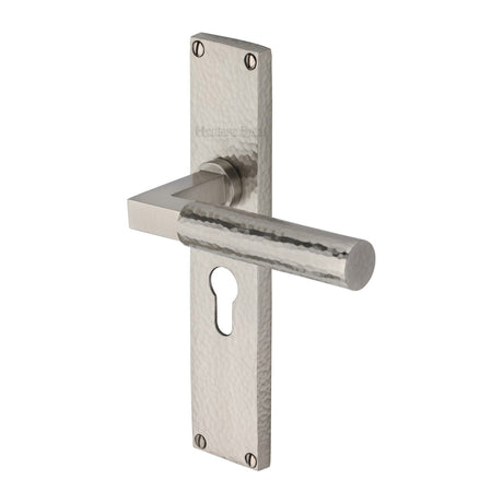 This is an image of a Heritage Brass - Bauhaus Hammered Euro Profile Door Handle on 200mm Plate Satin Nickel finish, vth4348-sn that is available to order from T.H Wiggans Ironmongery in Kendal.