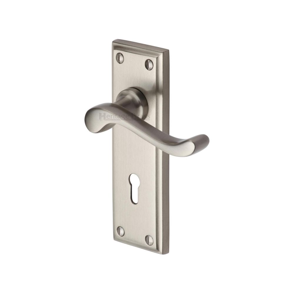 This is an image of a Heritage Brass - Door Handle Lever Lock Edwardian Design Satin Nickel Finish, w3200-sn that is available to order from T.H Wiggans Ironmongery in Kendal.