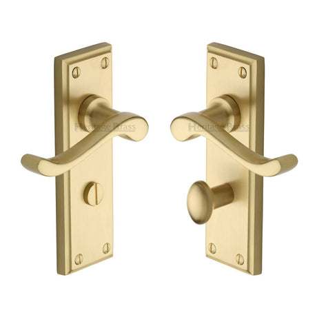 This is an image of a Heritage Brass - Door Handle for Bathroom Edwardian Design Satin Brass Finish, w3220-sb that is available to order from T.H Wiggans Ironmongery in Kendal.