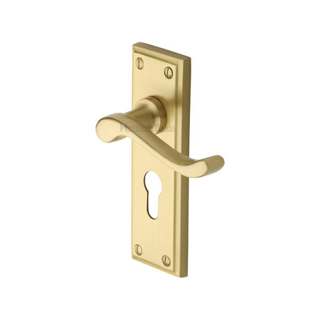 This is an image of a Heritage Brass - Door Handle for Euro Profile Plate Edwardian Design Satin Brass, w3227-48-sb that is available to order from T.H Wiggans Ironmongery in Kendal.