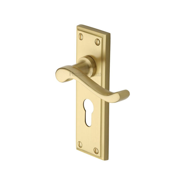 This is an image of a Heritage Brass - Door Handle for Euro Profile Plate Edwardian Design Satin Brass, w3227-48-sb that is available to order from T.H Wiggans Ironmongery in Kendal.