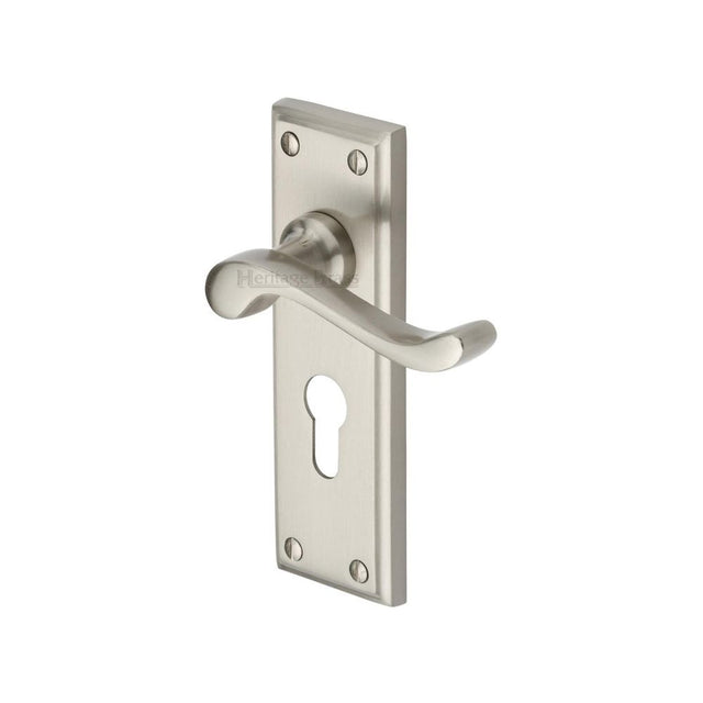This is an image of a Heritage Brass - Door Handle for Euro Profile Plate Edwardian Design Satin Nickel, w3227-48-sn that is available to order from T.H Wiggans Ironmongery in Kendal.