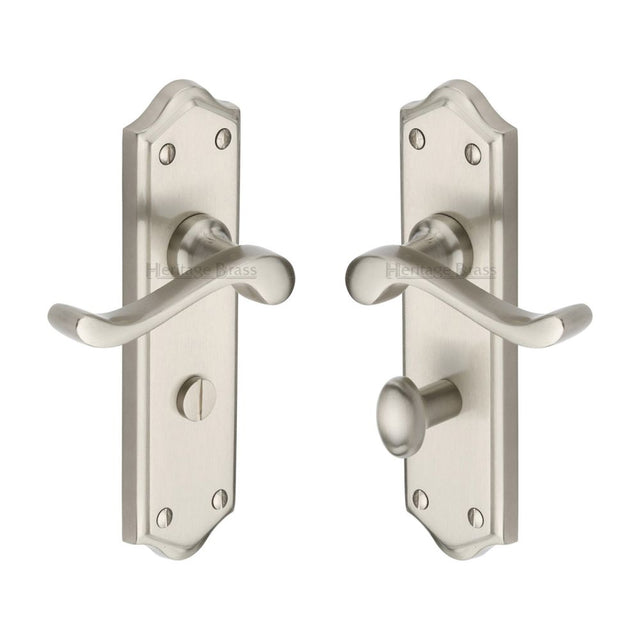 This is an image of a Heritage Brass - Door Handle for Bathroom Buckingham Design Satin Nickel Finish, w4220-sn that is available to order from T.H Wiggans Ironmongery in Kendal.