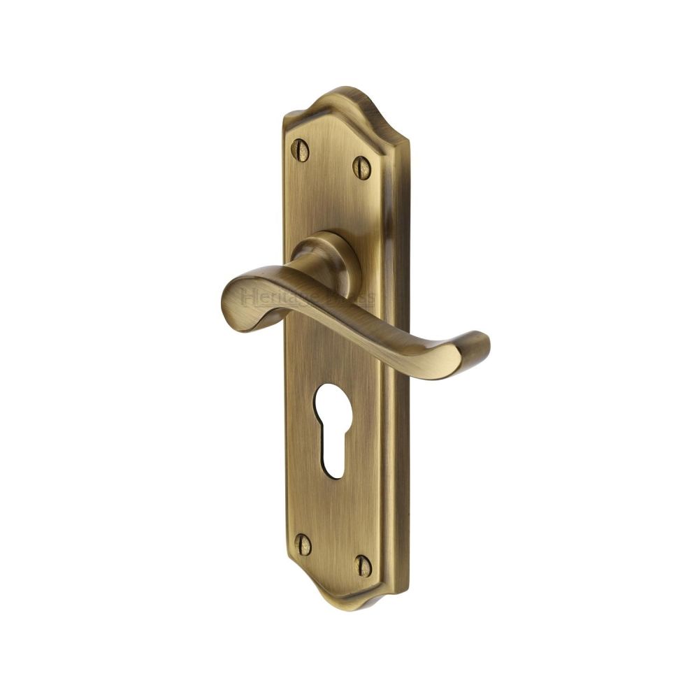 This is an image of a Heritage Brass - Door Handle for Euro Profile Plate Buckingham Design Antique Brass, w4248-at that is available to order from T.H Wiggans Ironmongery in Kendal.