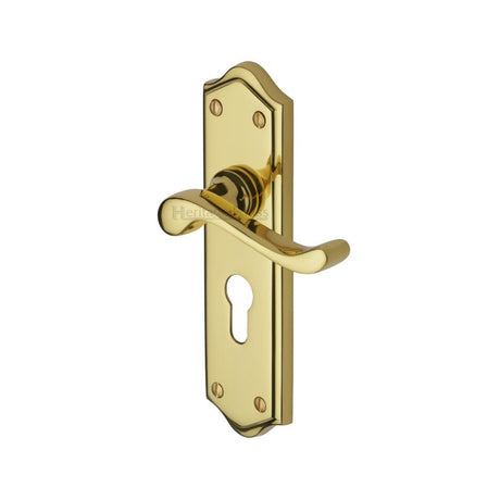 This is an image of a Heritage Brass - Door Handle for Euro Profile Plate Buckingham Design Polished Brass, w4248-pb that is available to order from T.H Wiggans Ironmongery in Kendal.
