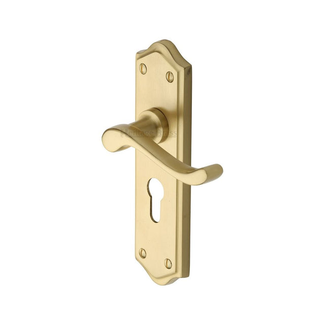 This is an image of a Heritage Brass - Door Handle for Euro Profile Plate Buckingham Design Satin Brass, w4248-sb that is available to order from T.H Wiggans Ironmongery in Kendal.