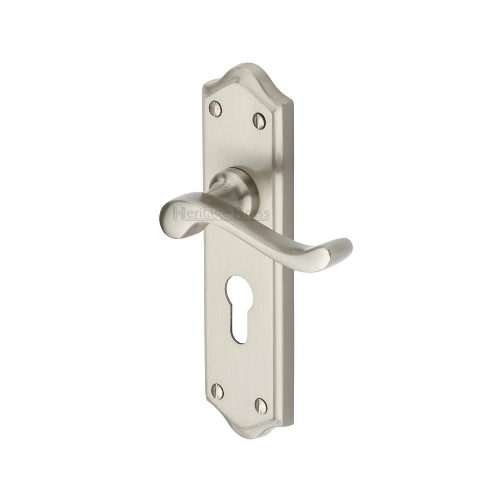 This is an image of a Heritage Brass - Door Handle for Euro Profile Plate Buckingham Design Satin Nicke, w4248-sn that is available to order from T.H Wiggans Ironmongery in Kendal.