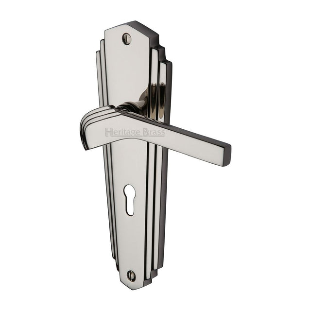 This is an image of a Heritage Brass - Door Handle Lever Lock Waldorf Design Polished Nickel Finish, wal6500-pnf that is available to order from T.H Wiggans Ironmongery in Kendal.