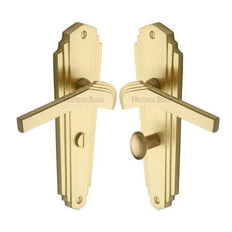 This is an image of a Heritage Brass - Door Handle for Bathroom Waldorf Design Satin Brass Finish, wal6530-sb that is available to order from T.H Wiggans Ironmongery in Kendal.