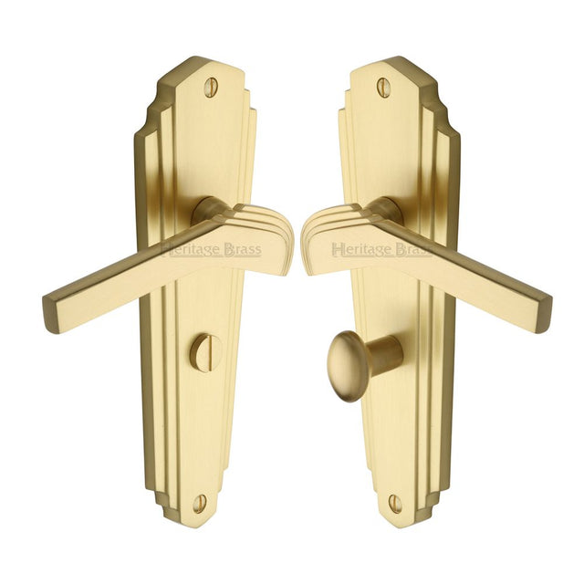 This is an image of a Heritage Brass - Door Handle for Bathroom Waldorf Design Satin Brass Finish, wal6530-sb that is available to order from T.H Wiggans Ironmongery in Kendal.