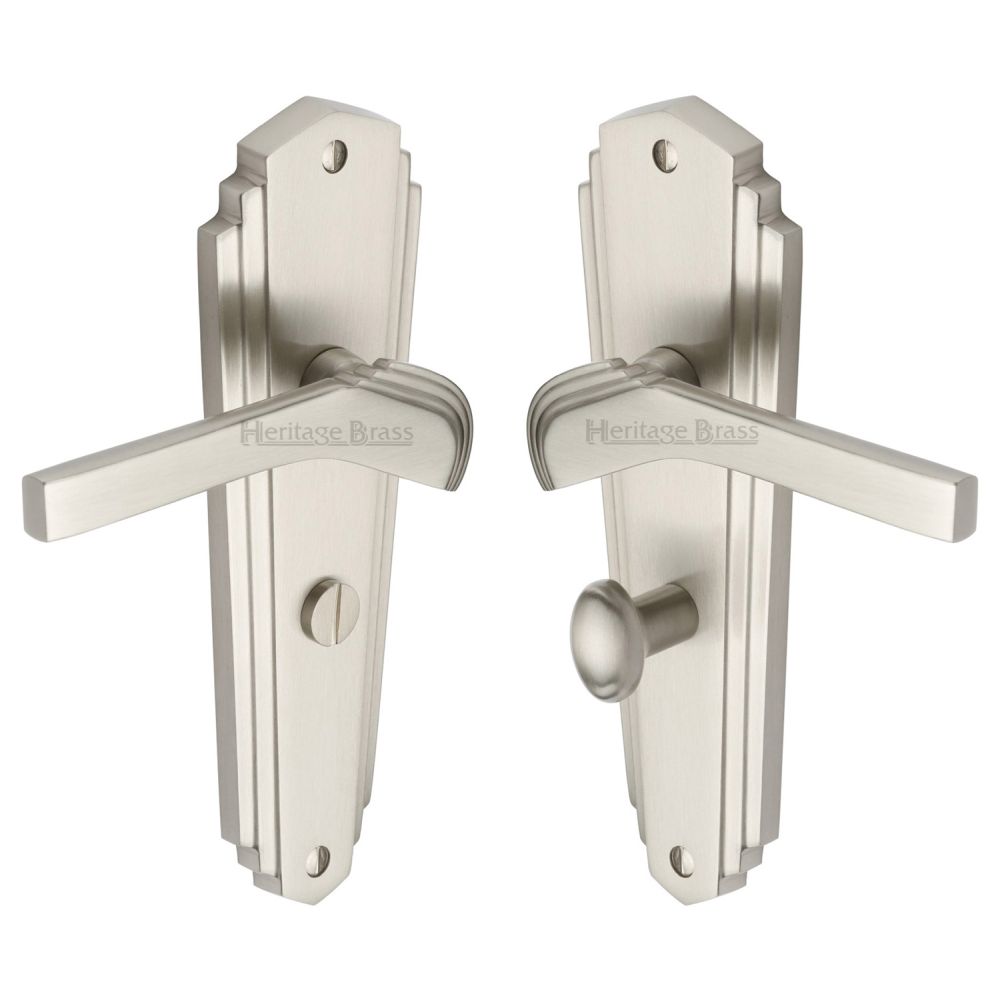 This is an image of a Heritage Brass - Door Handle for Bathroom Waldorf Design Satin Nickel Finish, wal6530-sn that is available to order from T.H Wiggans Ironmongery in Kendal.
