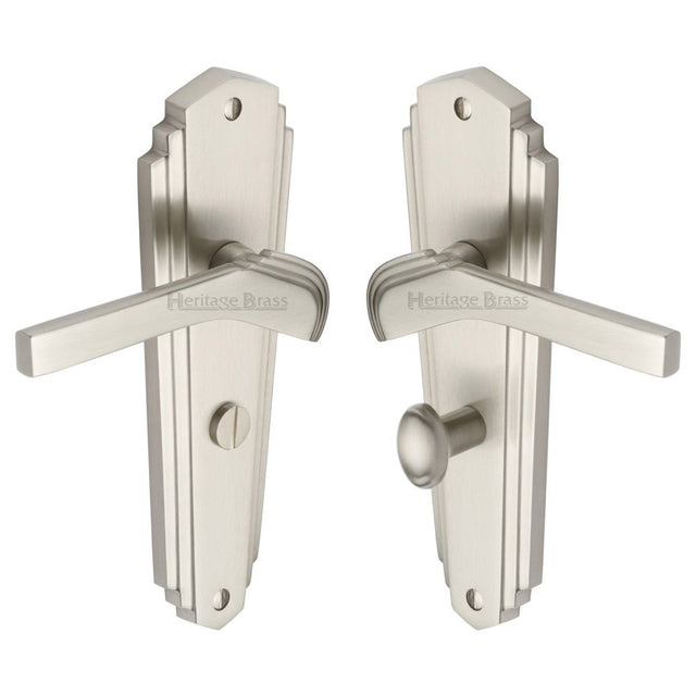This is an image of a Heritage Brass - Door Handle for Bathroom Waldorf Design Satin Nickel Finish, wal6530-sn that is available to order from T.H Wiggans Ironmongery in Kendal.