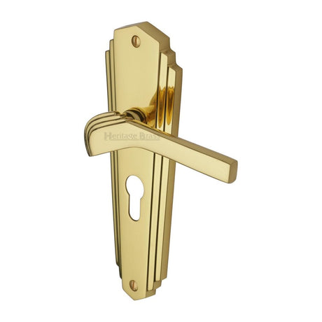 This is an image of a Heritage Brass - Door Handle for Euro Profile Plate Waldorf Design Polished Brass Fi, wal6548-pb that is available to order from T.H Wiggans Ironmongery in Kendal.