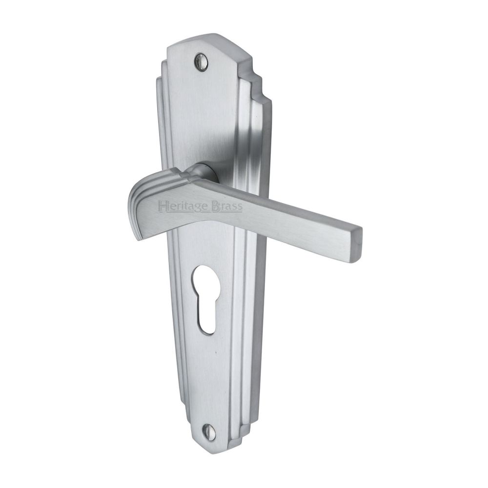 This is an image of a Heritage Brass - Door Handle for Euro Profile Plate Waldorf Design Satin Chrome F, wal6548-sc that is available to order from T.H Wiggans Ironmongery in Kendal.