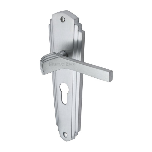 This is an image of a Heritage Brass - Door Handle for Euro Profile Plate Waldorf Design Satin Chrome F, wal6548-sc that is available to order from T.H Wiggans Ironmongery in Kendal.